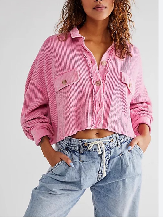 Free People Tops - Free People Pink Cropped Waffle Knit Button-Up Shirt